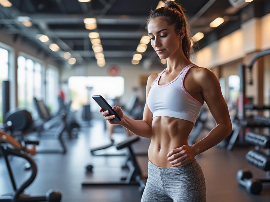 Mujer joven en gimnasio usando teléfono móvil, vestida con ropa deportiva, rodeada de equipo de ejercicio.