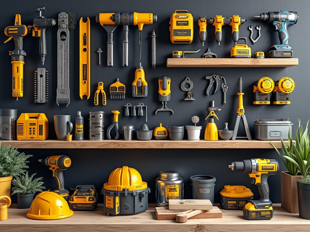 Herramientas eléctricas y manuales amarillas organizadas en estantes de madera sobre fondo negro, junto a plantas en macetas.