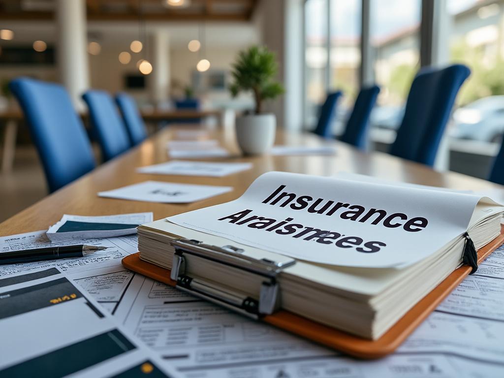 Open binder with 'Insurance Appraisals' document on a conference table, surrounded by chairs and office documents.