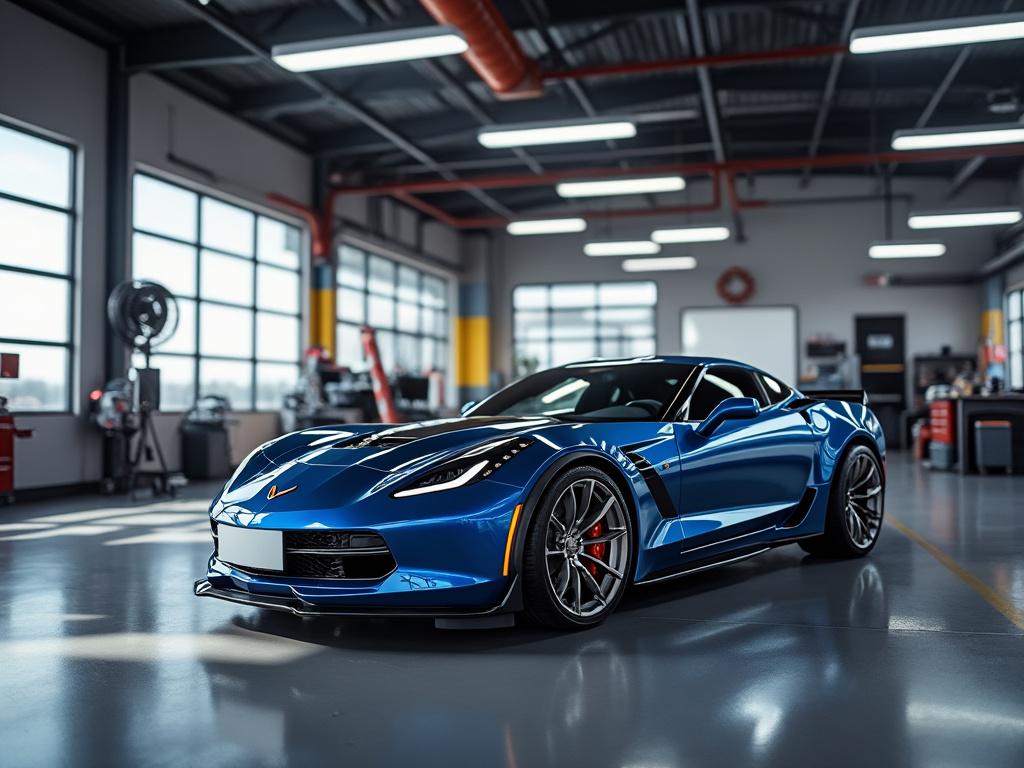 Blue sports car with sleek design parked inside a modern garage with large windows and overhead lights.