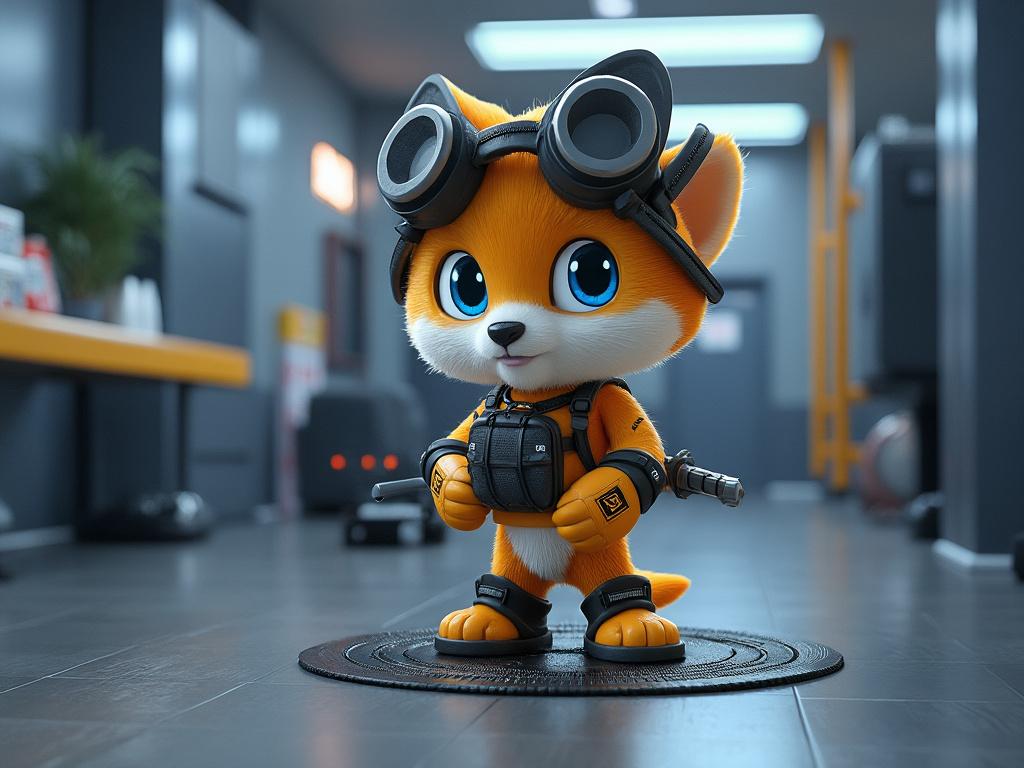 Personaje animado de zorro con gafas en un entorno industrial.