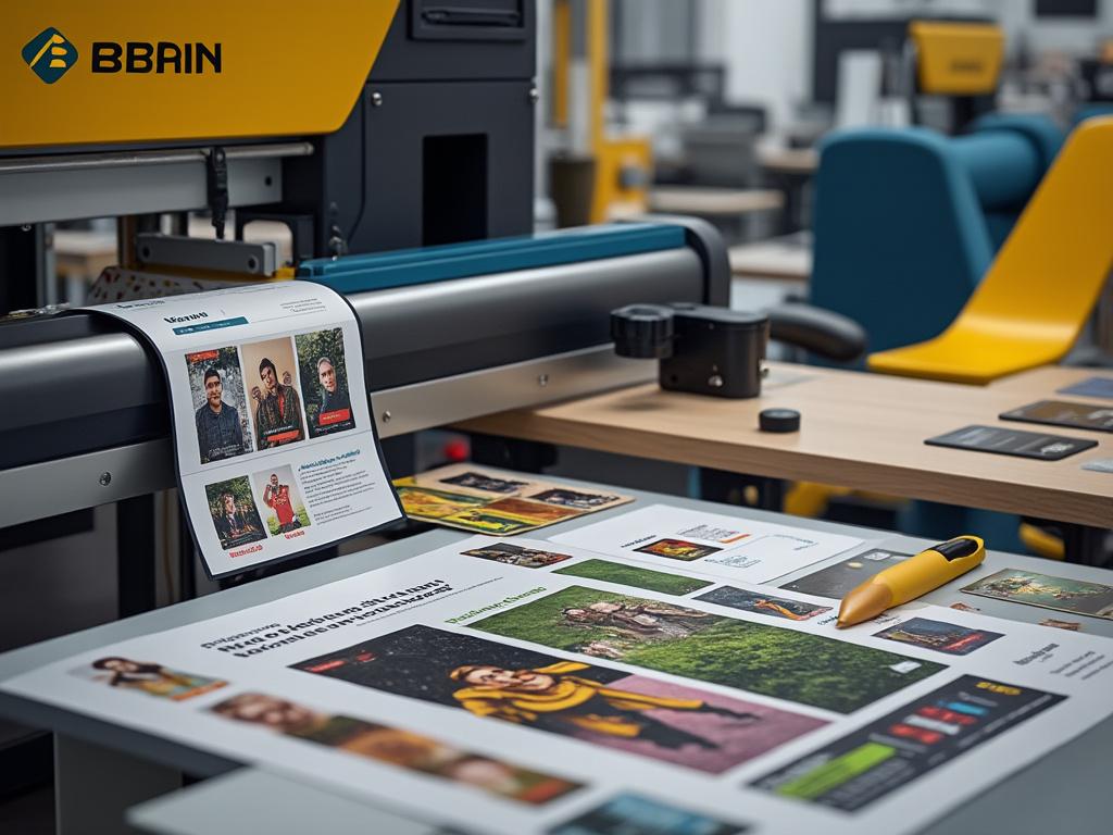 Impresora digital imprimiendo hojas con imágenes y texto en una oficina moderna, lápiz amarillo sobre la mesa.