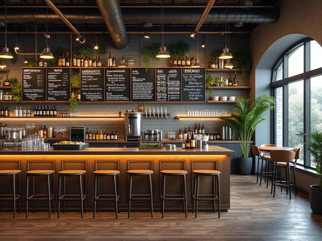 Bar moderno con taburetes, estanterías con botellas y pizarra de menú, iluminado cálidamente y decorado con plantas.