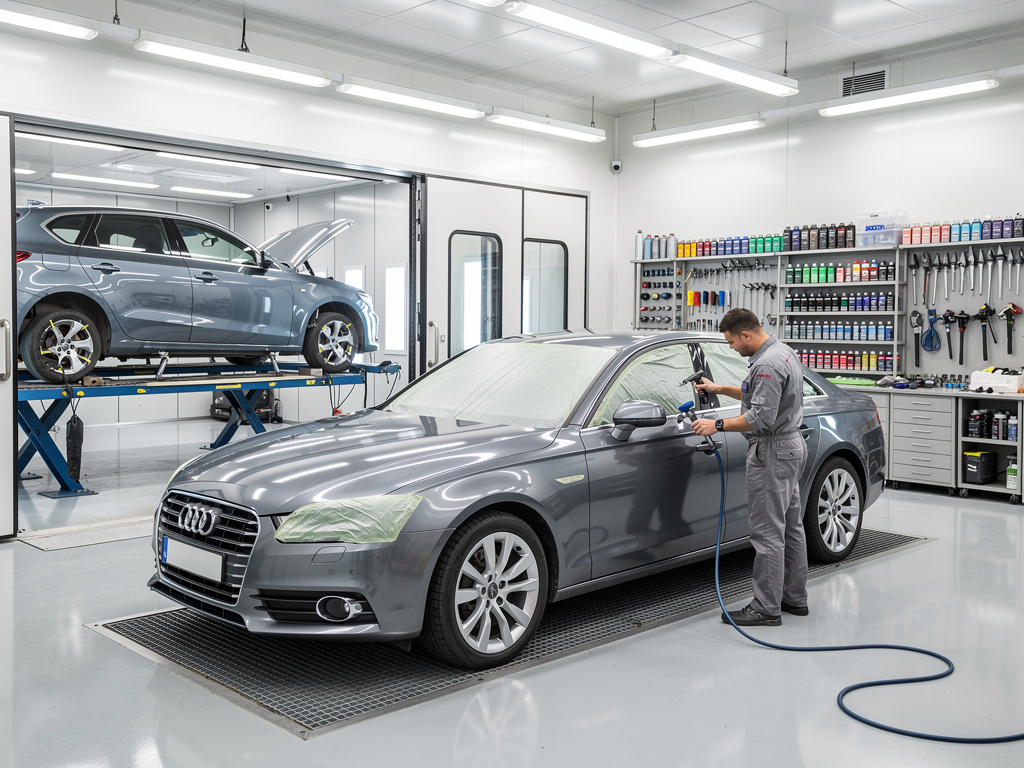 Técnico reparando un Audi gris en taller mecánico moderno con elevador, herramientas y productos de detailing