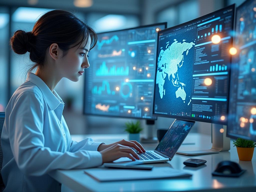 Mujer trabajando en una oficina moderna con múltiples pantallas que muestran gráficos de datos y mapas.