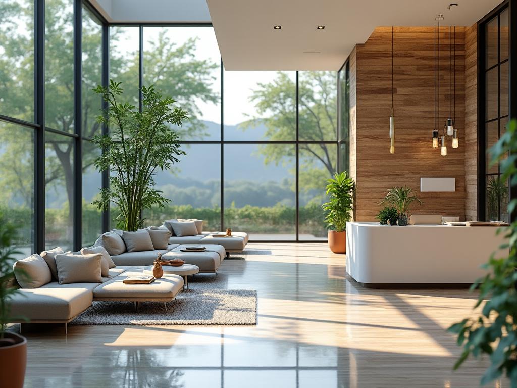Espacioso salón moderno con grandes ventanales, sofás cómodos y plantas decorativas iluminado por luz natural. Espacioso salón moderno con grandes ventanales, sofás cómodos y plantas decorativas iluminado por luz natural.