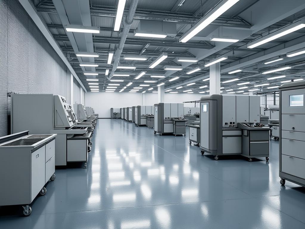 Sala industrial moderna con maquinaria de alta tecnología y suelo brillante bajo luces fluorescentes.
