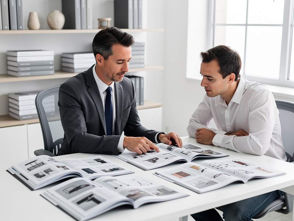 Asesor de diseño de interiores mostrando catálogos de muebles a cliente en oficina moderna