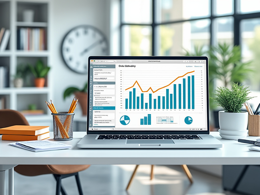 Oficina moderna con laptop mostrando gráficos estadísticos en la pantalla, rodeado de plantas y artículos de papelería.