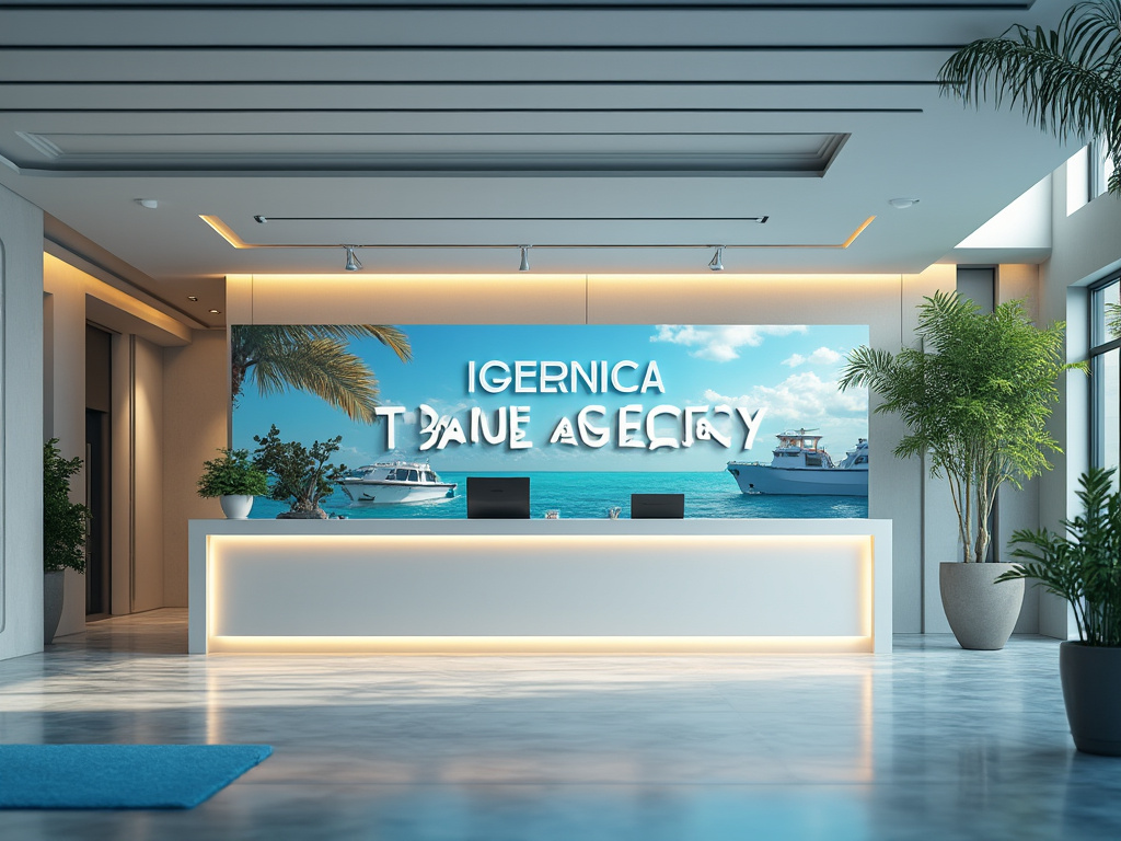 Recepción moderna de agencia de viajes con fondo de mar y barcos, decoración de plantas.