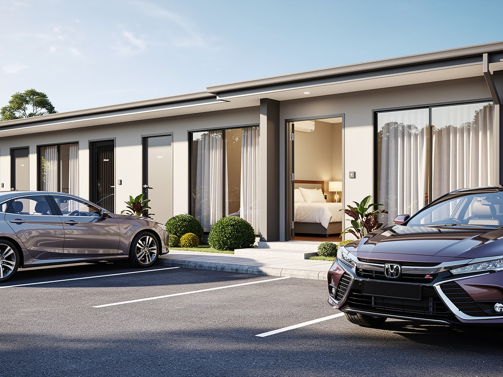 Exterior moderno de apartamentos con estacionamiento, coches aparcados y habitación visible desde la entrada