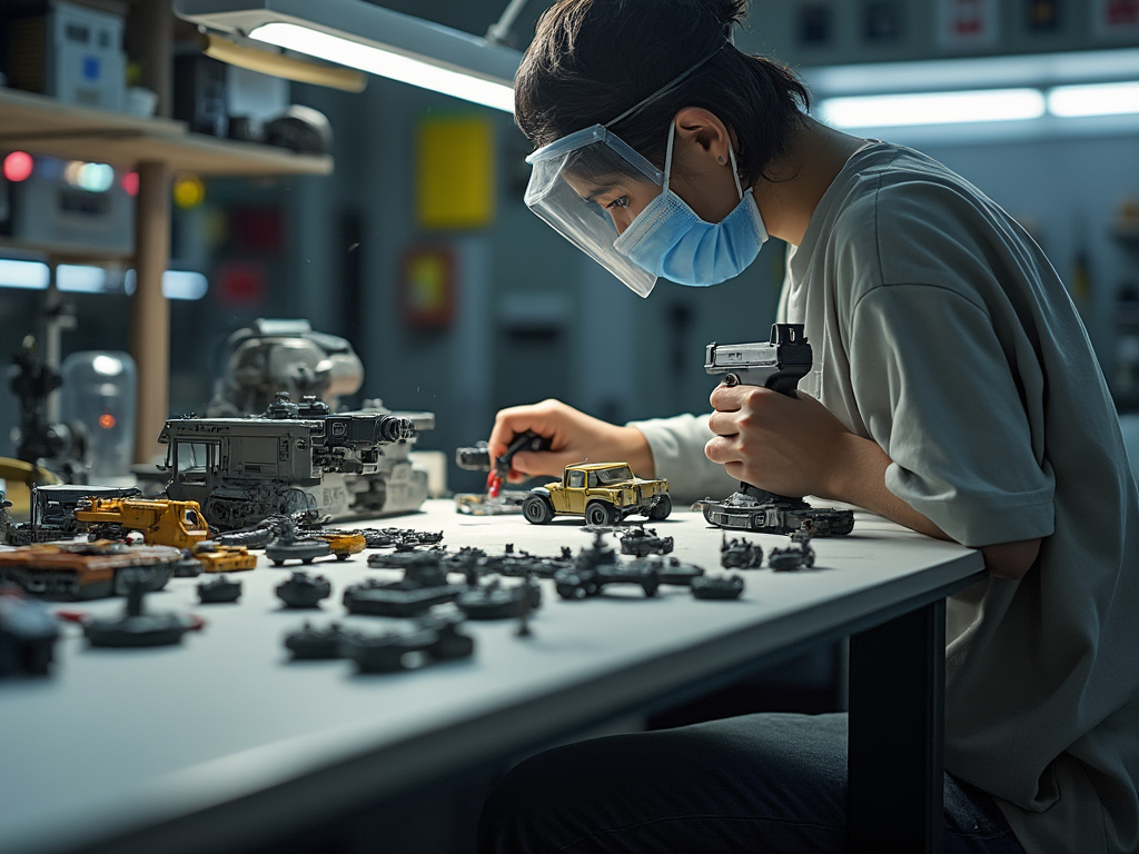 Person wearing protective gear assembling miniature models on a table in a workshop setting.