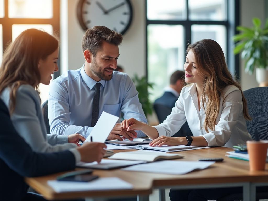 Grupo de personas en una reunión de negocios, revisando documentos en una oficina moderna. Grupo de personas en una reunión de negocios, revisando documentos en una oficina moderna.