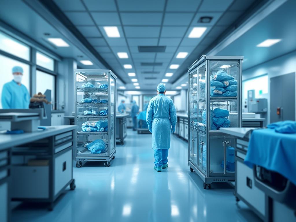 Personal médico en sala de cirugía con estantes de material quirúrgico.