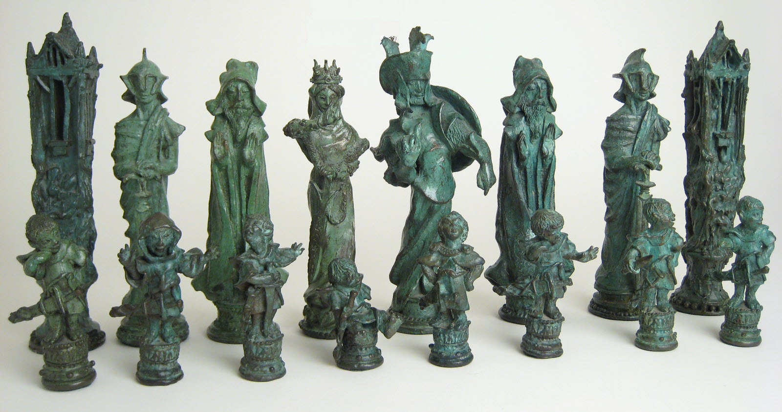 White pieces from the Bill Girard Lord of the Rings Chess Set (Bronze)