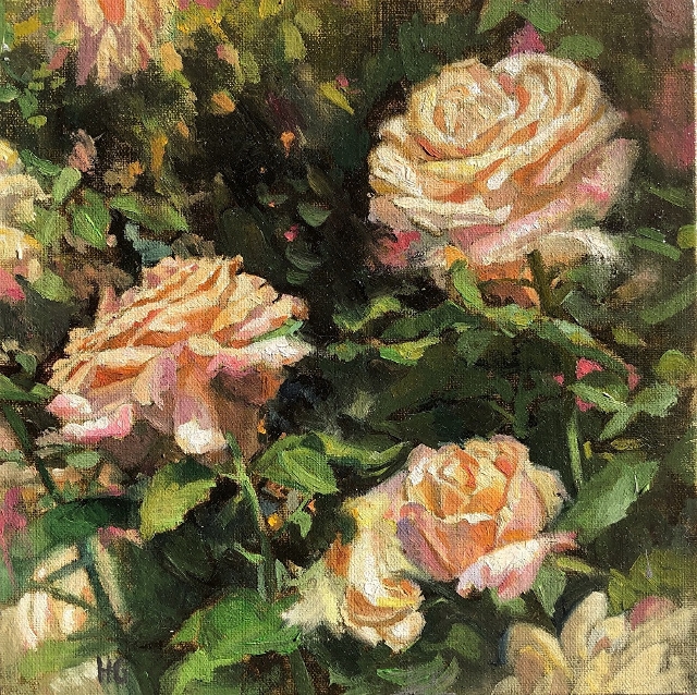 Gomes, Thee Blooming Peach Roses, 8x8 Oil