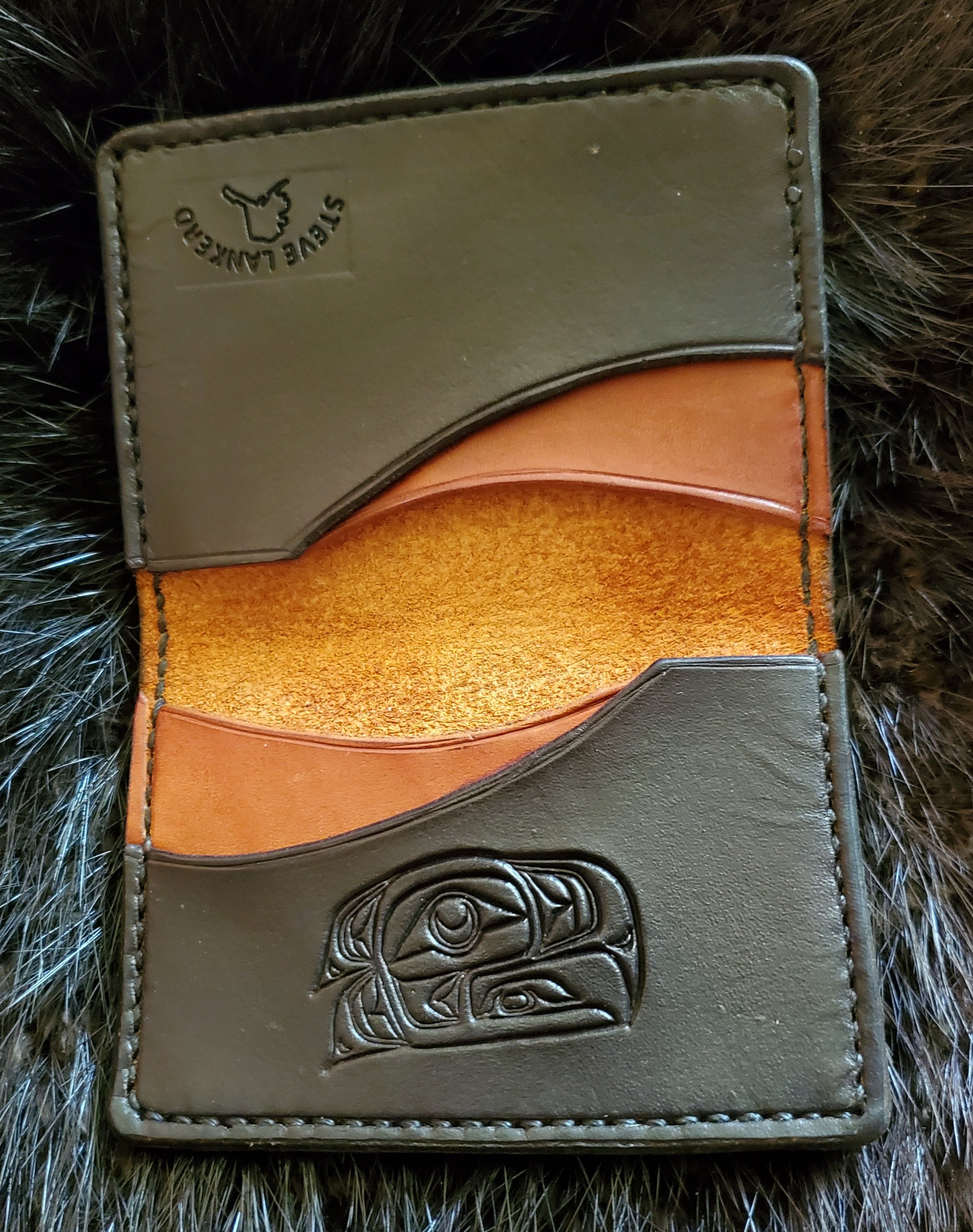 (Inside)  Minimalist 4 pocket Wallet hand tooled and stitched, $75.00