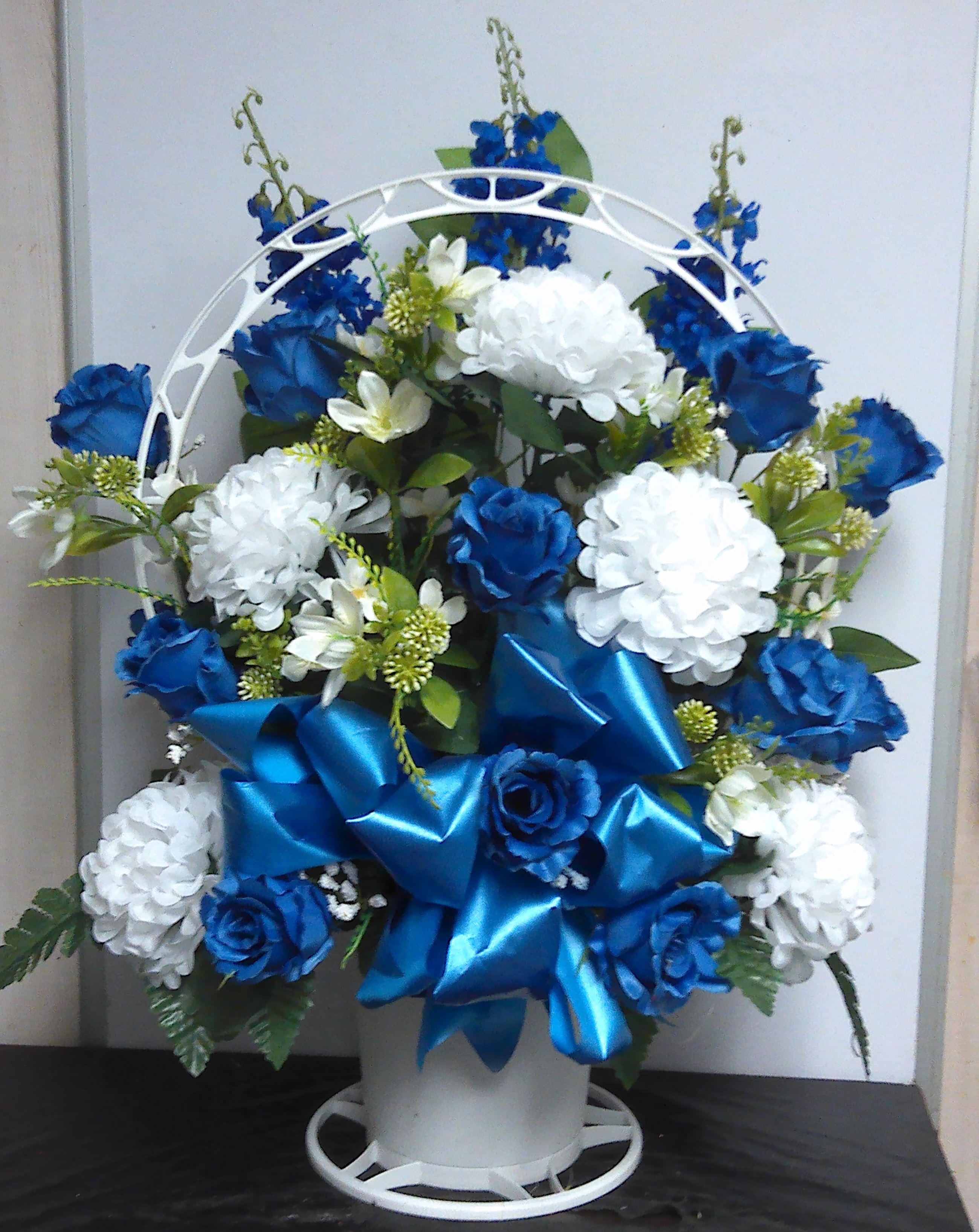(7) "Silk" Funeral Basket
(Blue & White) 
$75.00
