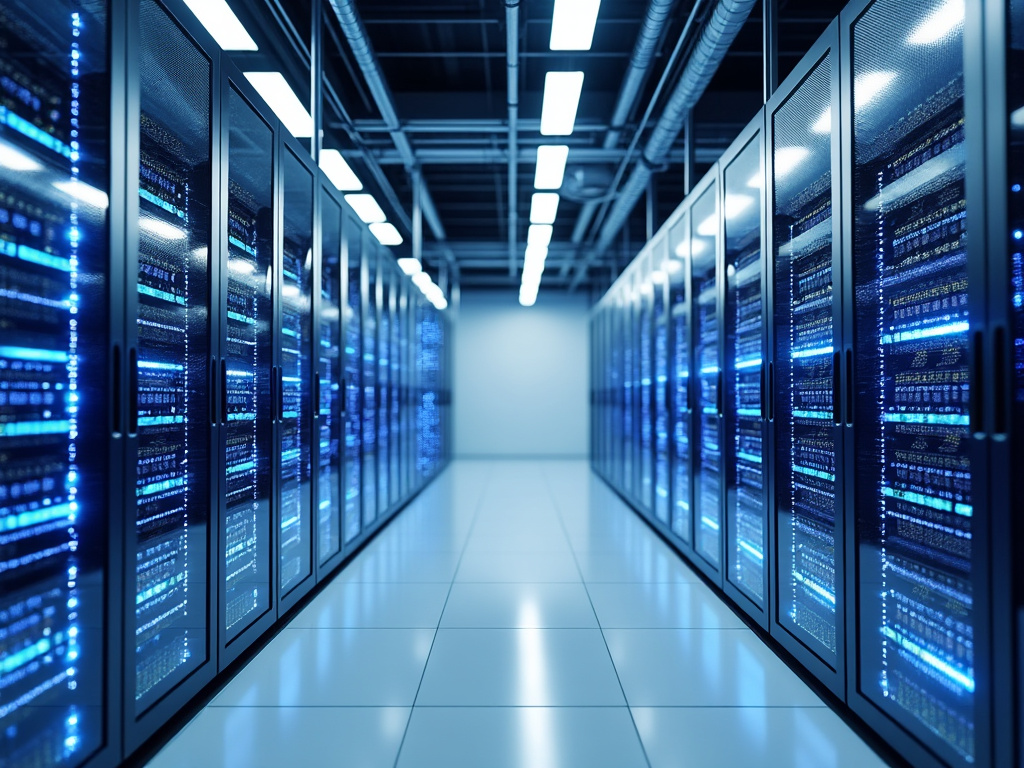 Modern data center with rows of illuminated server racks and advanced technology.