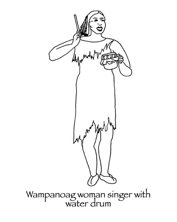woman singer with wampanoag water drum thanksgiving coloring page many hoops