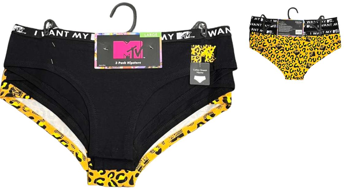 43XI000X1HZA-BLK
3PK LADIES UNDERWEAR MTV
S,M,L,XL
UPC 193159126568 
36 CS/PACK