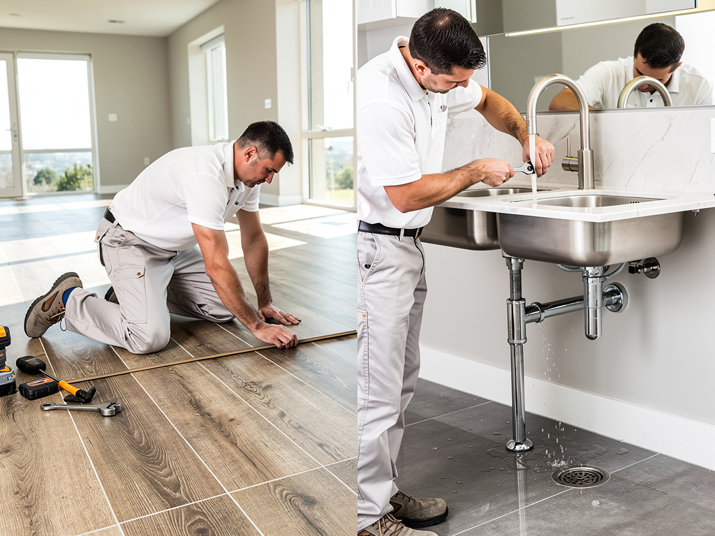 Técnicos instalando suelo laminado y reparando fregadero en cocina moderna