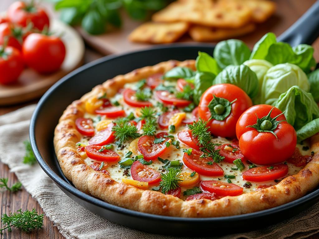 Pizza recién horneada con tomates cherry frescos y albahaca sobre mesa rústica de madera. Pizza recién horneada con tomates cherry frescos y albahaca sobre mesa rústica de madera.