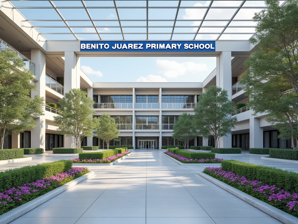 Entrada moderna de la Escuela Primaria Benito Juárez con jardines, árboles y pasillo central
