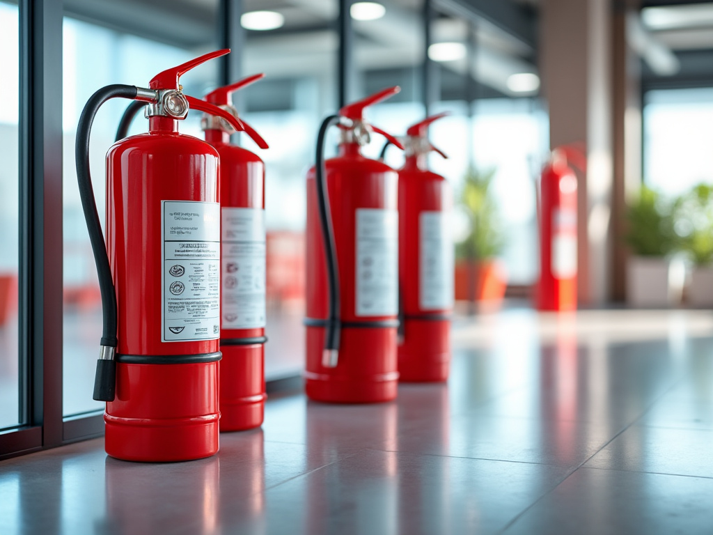 Filas de extintores rojos en un pasillo luminoso con ventanas de vidrio. Filas de extintores rojos en un pasillo luminoso con ventanas de vidrio.