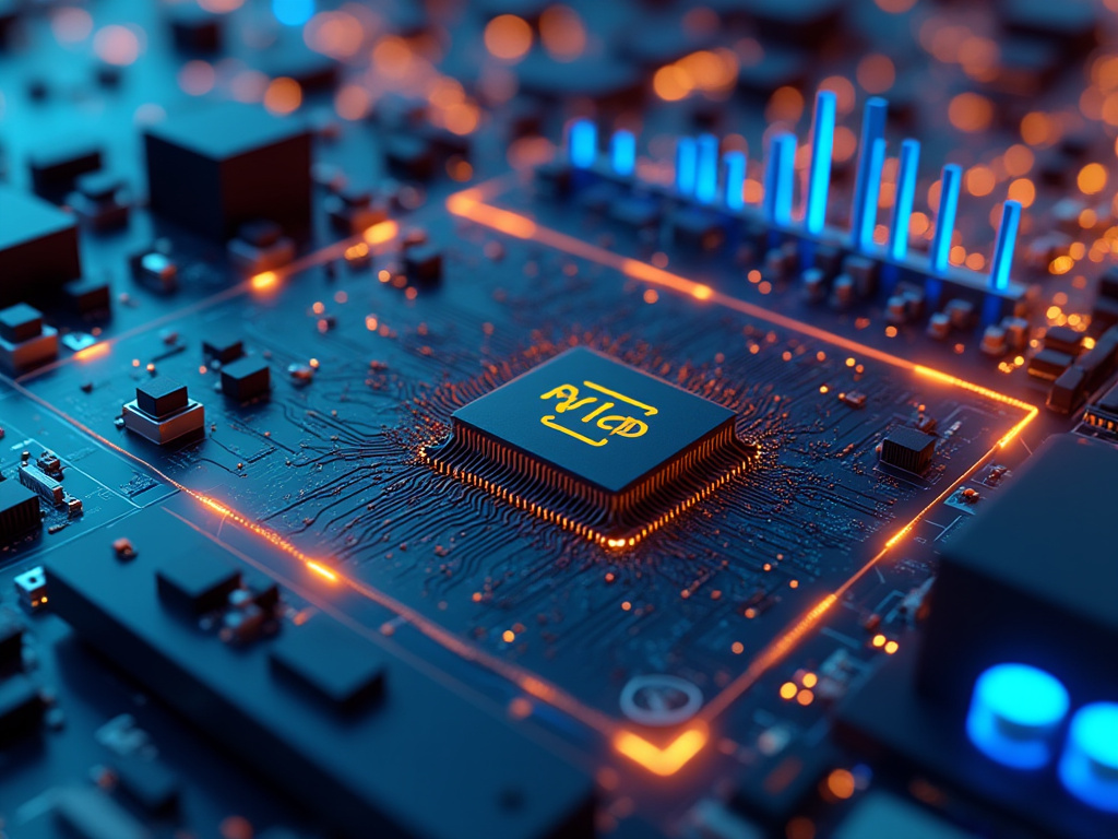 Chip de inteligencia artificial en placa de circuito electrónica con luces futuristas azules y naranjas