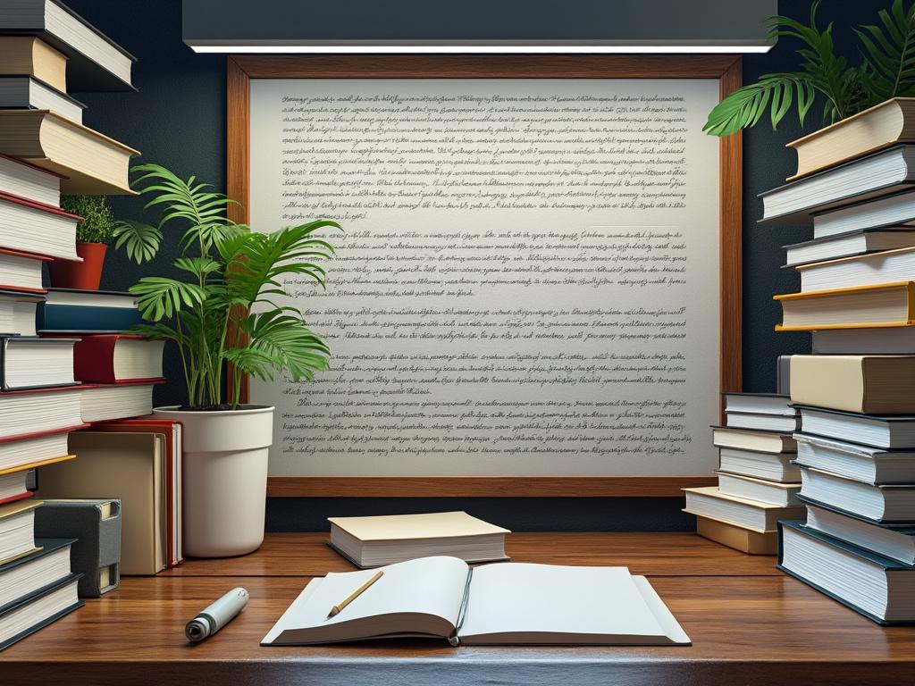 Cozy study desk with open notebook, pen, and potted plants surrounded by stacked books and framed text on wall.