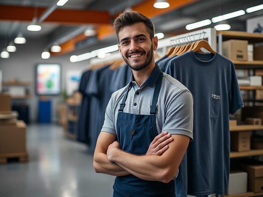 Empleado sonriente con uniforme en tienda de ropa, camisetas colgadas al fondo.