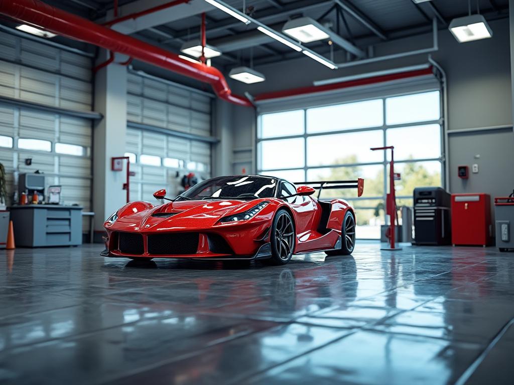 Sleek red sports car with a large spoiler parked in a modern garage.