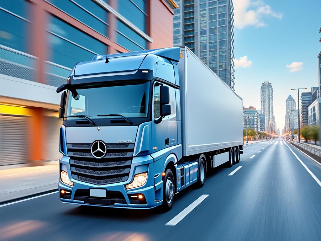 Camión azul de carga circulando por una carretera urbana con edificios modernos de fondo, cielo despejado.