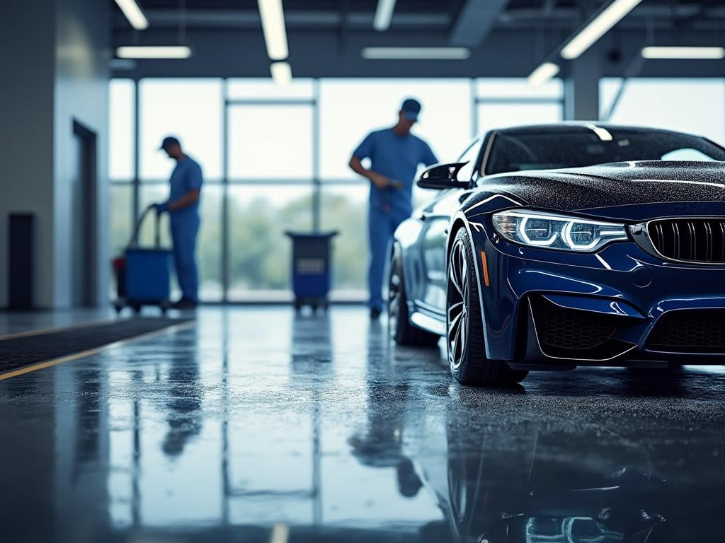 Coche deportivo azul en un taller limpio con operarios al fondo.