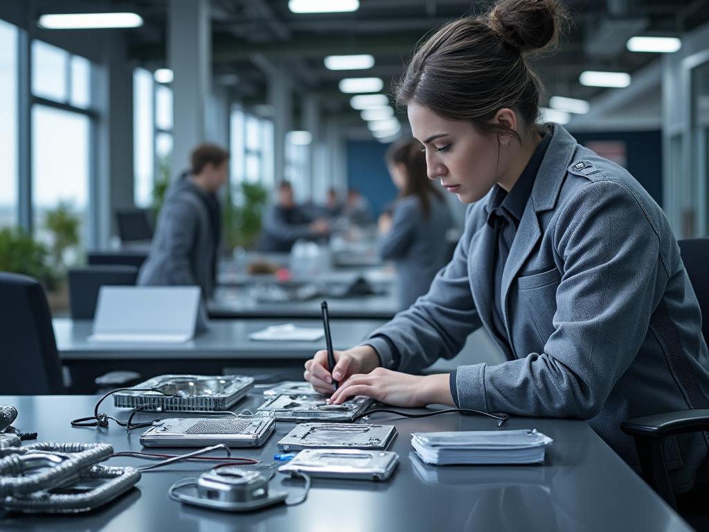 Mujer joven trabajando en la reparación de dispositivos electrónicos en una oficina moderna, rodeada de herramientas y piezas de hardware.