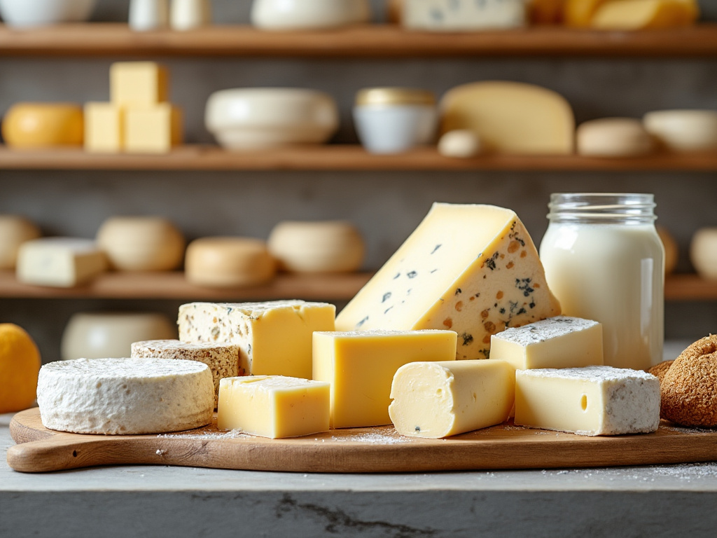 Tabla de quesos variados y un tarro de leche sobre fondo de estantería con más quesos.