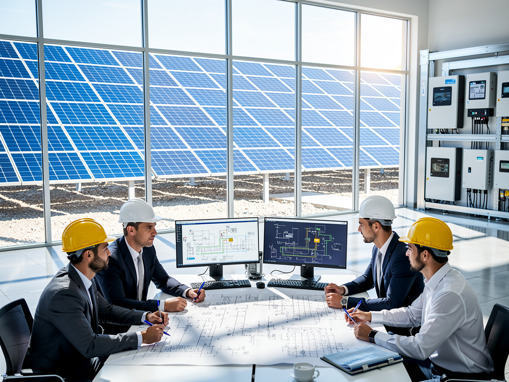 Engineers in hard hats reviewing solar energy plans in control room with solar panels and inverters