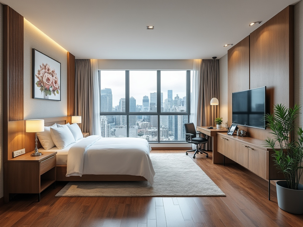 Dormitorio moderno de hotel con cama doble, ventanal con vista urbana, escritorio, TV y decoración en madera