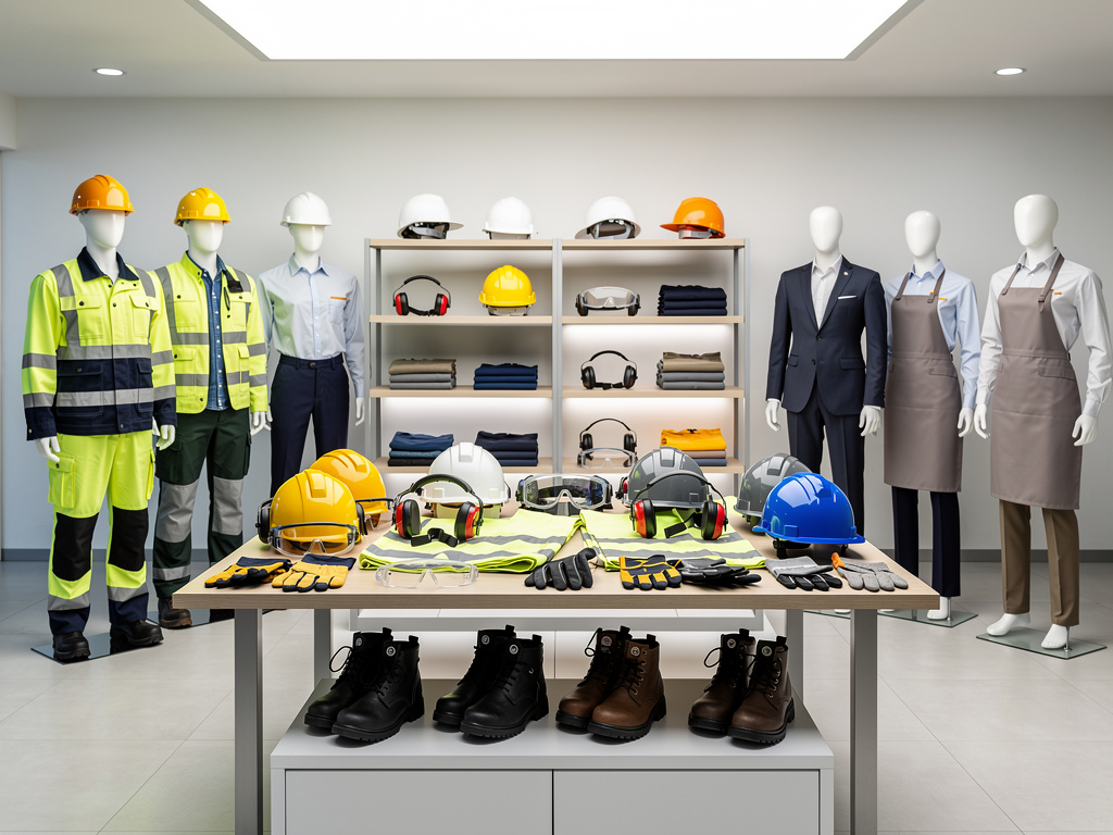 Exhibición de ropa laboral y equipos de protección personal con cascos, gafas, guantes, botas y uniformes de seguridad