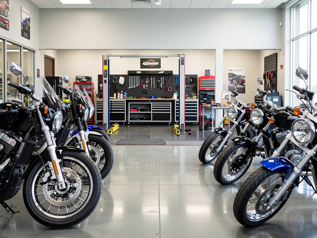 Concesionario de motocicletas con motos en exhibición y taller mecánico equipado al fondo