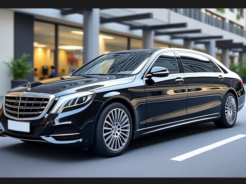 Automóvil de lujo negro estacionado frente a un edificio moderno.