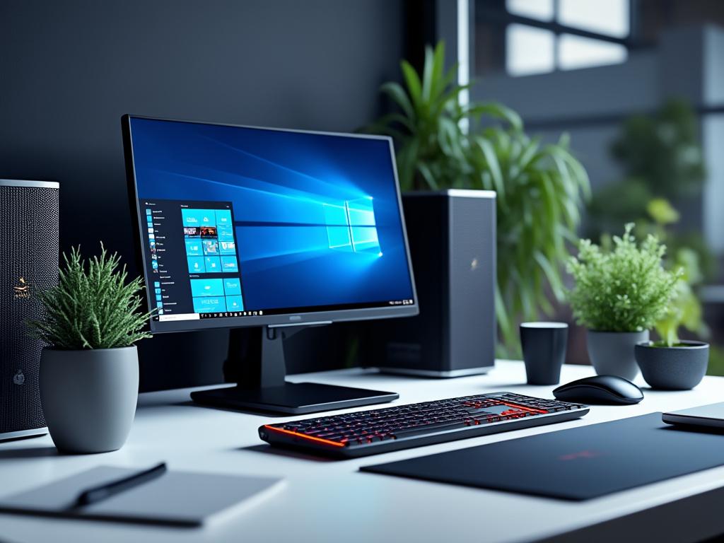 Espacio de trabajo moderno con ordenador, teclado retroiluminado y macetas pequeñas sobre una mesa blanca.