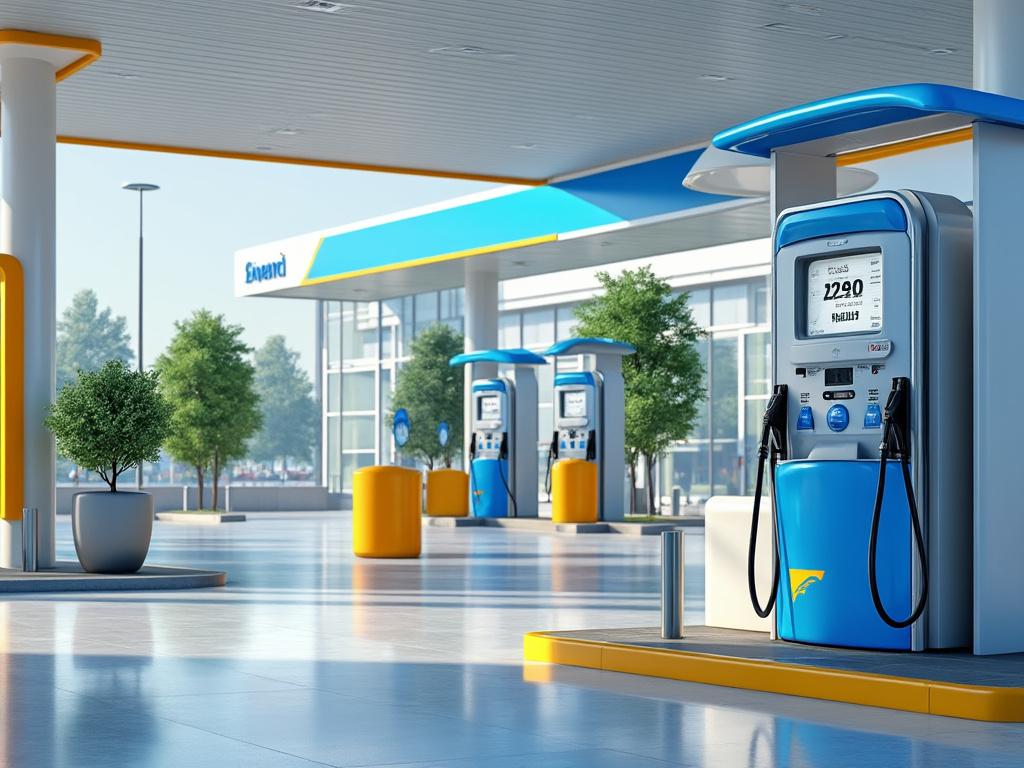 Estación de servicio moderna con surtidores de combustibles y árboles decorativos.