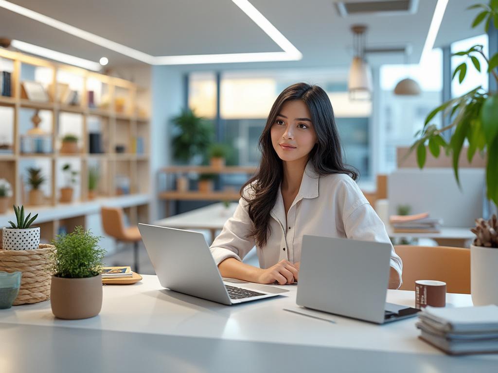 Woman working at a modern office desk with a laptop, surrounded by plants and a well-organized bookshelf in the background.