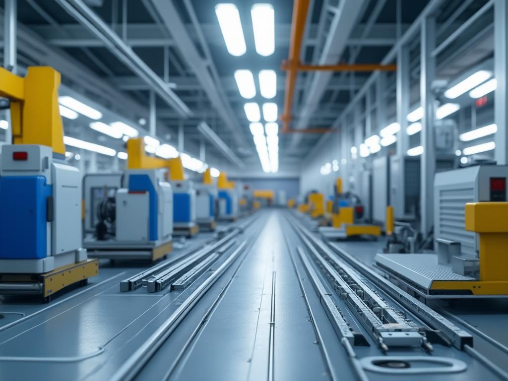 Fábrica automatizada con líneas de ensamblaje y maquinaria avanzada en un entorno industrial moderno.