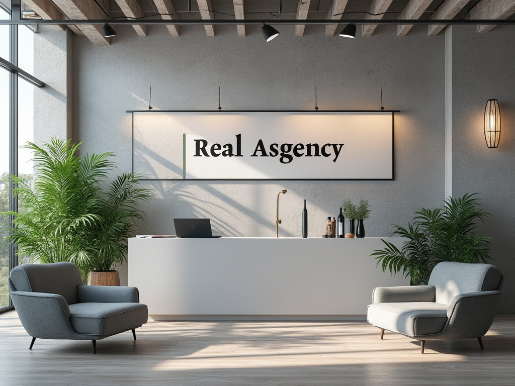 Recepción moderna de una agencia con un mostrador blanco, plantas verdes y sofás grises, iluminación elegante.