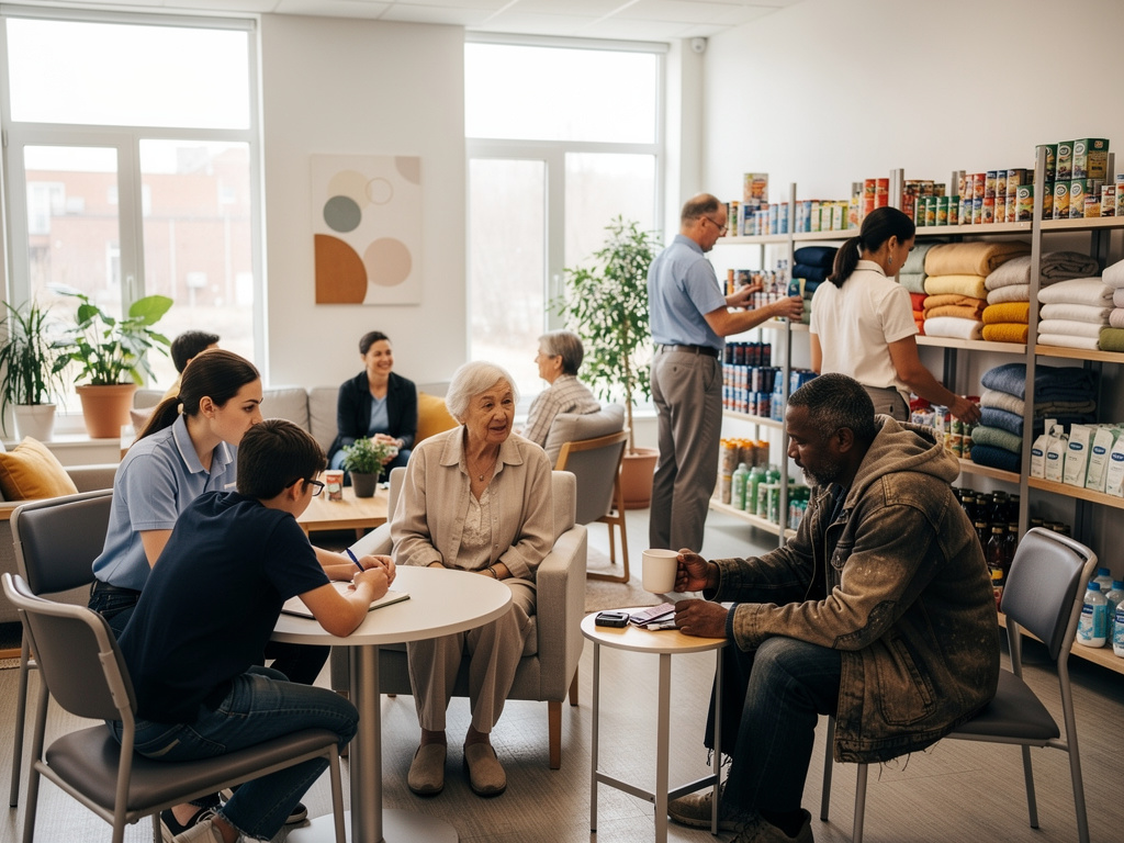 Community center support room with volunteers assisting seniors and families, food pantry shelves, blankets, and hygiene supplies