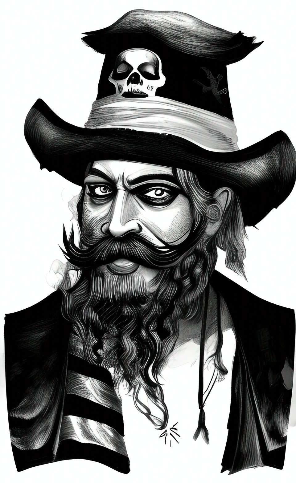 A pirate with a straggly beard offers an evil leer. His had features a skull image.