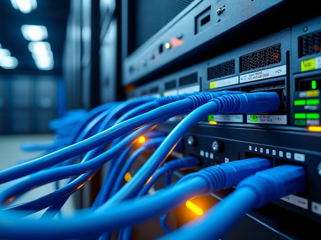 Close-up of blue network cables connected to server ports in a data center.
